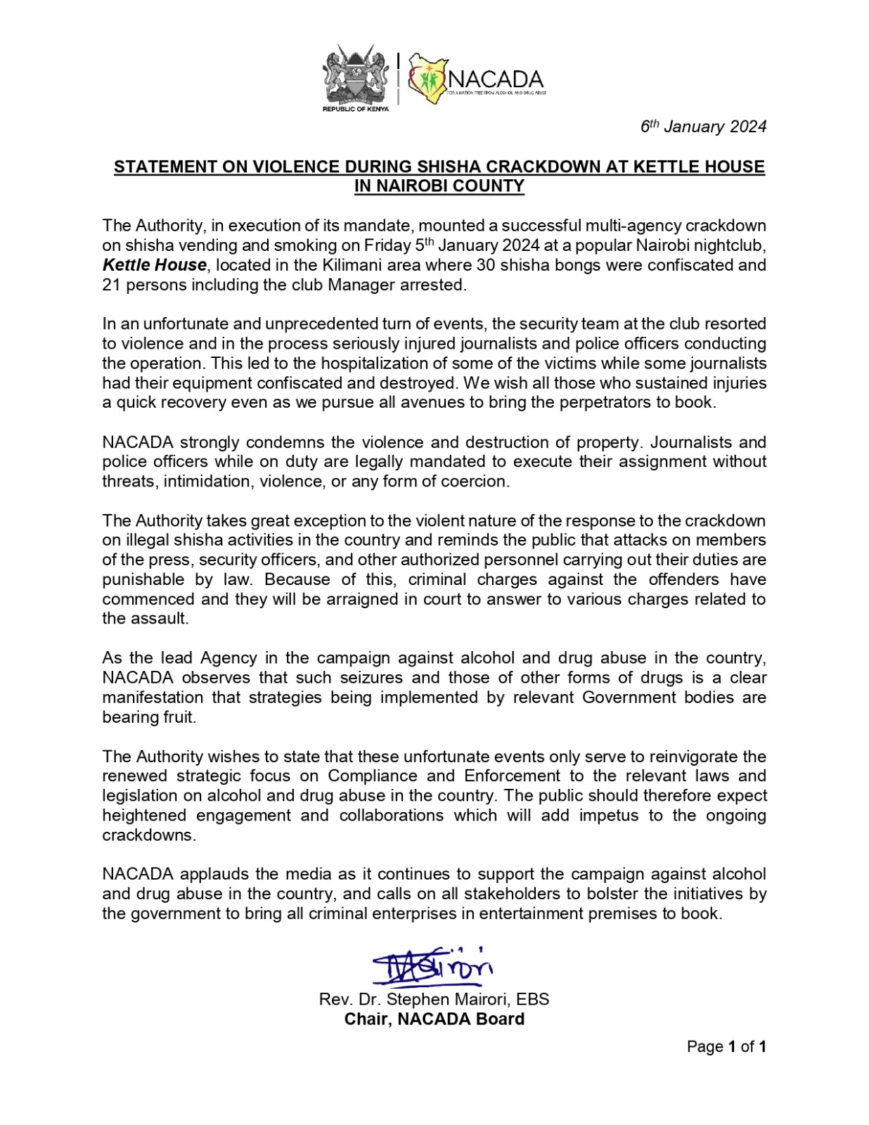 Statement on Violence During Shisha Crackdown at Kettle House