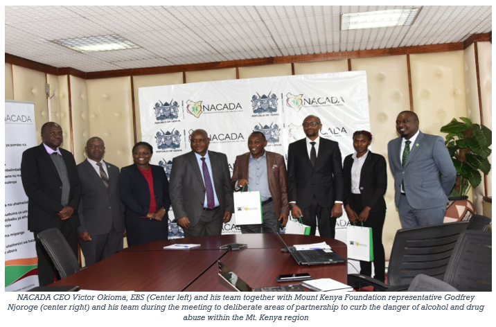 NACADA CEO Victor Okioma, EBS (Center left) and his team together with Mount Kenya Foundation representative Godfrey Njoroge (center right) and his team during the meeting to deliberate areas of partnership to curb the danger of alcohol and drug abuse within the Mt. Kenya region.